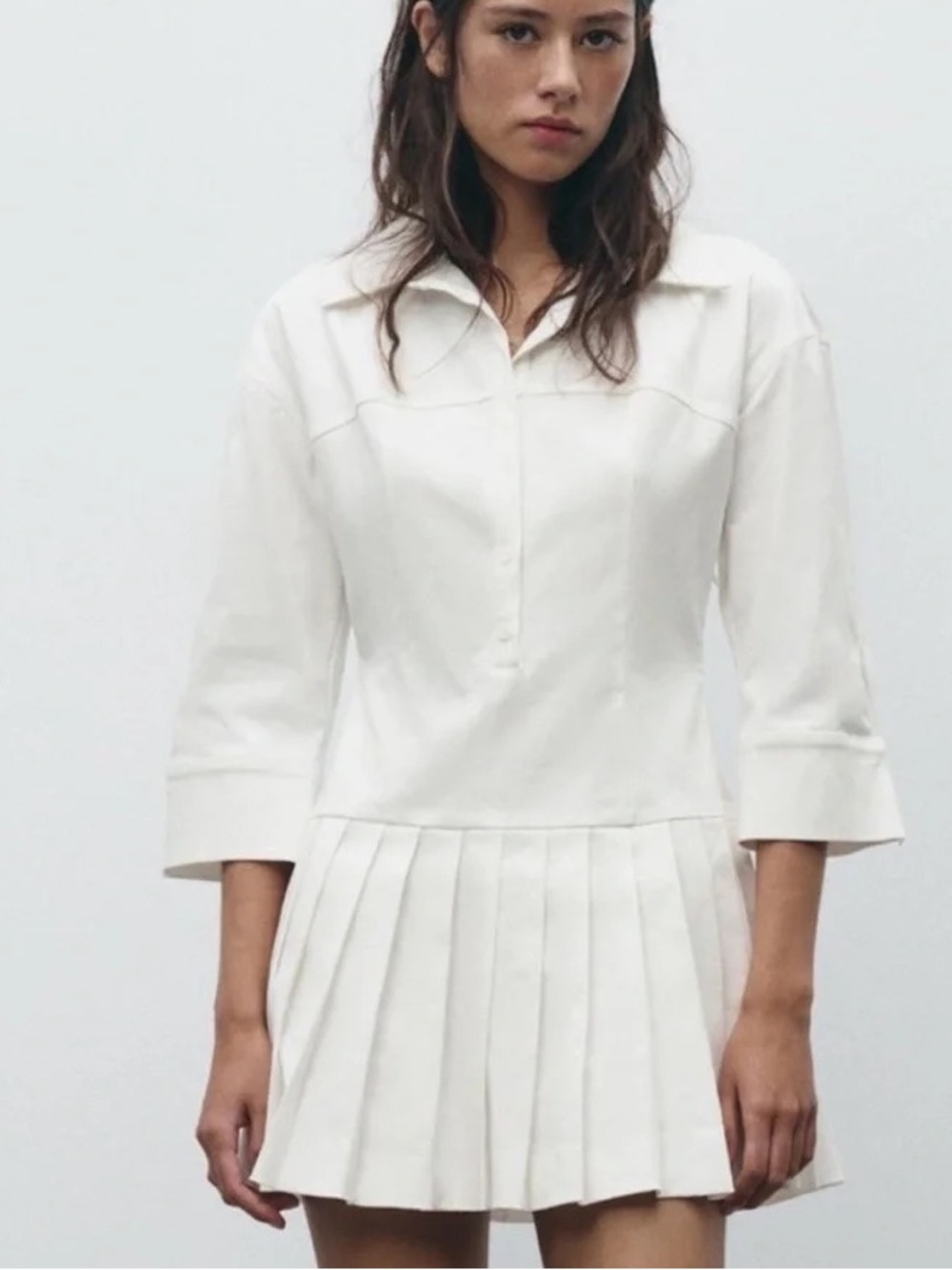 Zara White Pleated-A-Line Button Down romper